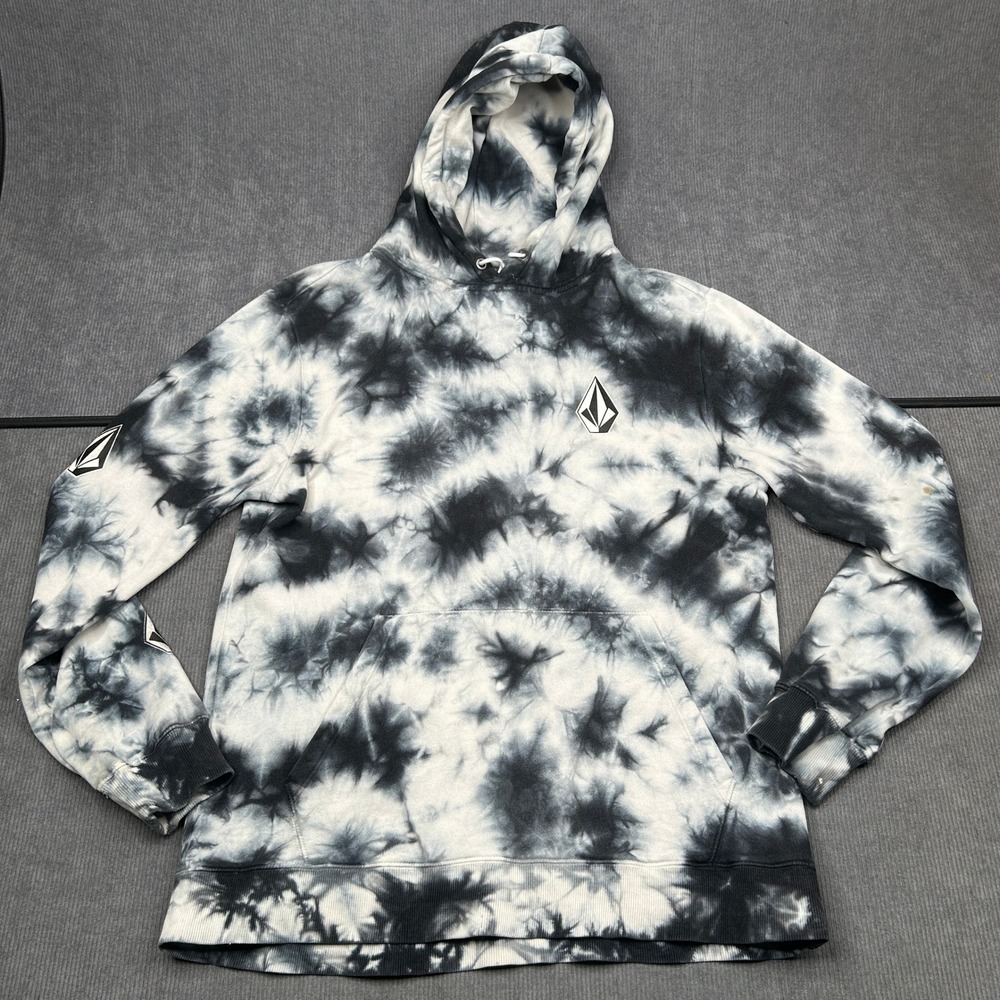 Volcom Stone Tie Dye Pullover Hoodie Black White Logo Fleece Sweatshirt Medium